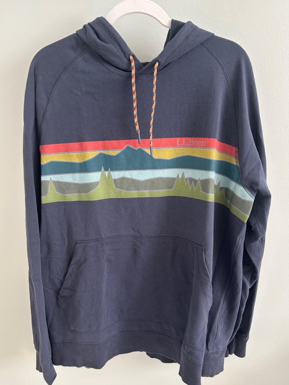 L.L. Bean Navy Hoodie with Multicolor Mountain Stripe